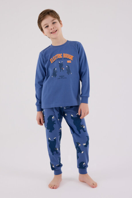 Rolypoly Erkek Çocuk Bisiklet Yaka Pigment Baskılı Kışlık Regular Fit Mavi Pijama Takımı RP3657-C-V1 - 3
