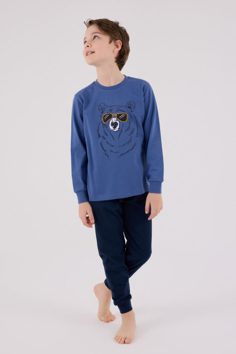 Rolypoly Erkek Çocuk Pamuklu Bisiklet Yaka Pigment Baskılı Kışlık Regular Fit Mavi Pijama Takımı RP3659-C-V1 