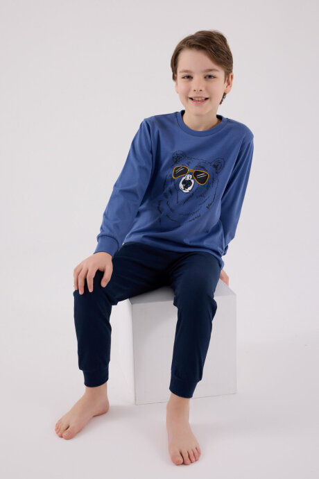Rolypoly Erkek Çocuk Pamuklu Bisiklet Yaka Pigment Baskılı Kışlık Regular Fit Mavi Pijama Takımı RP3659-C-V1 - 2