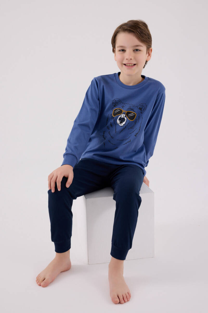 Rolypoly Erkek Çocuk Pamuklu Bisiklet Yaka Pigment Baskılı Kışlık Regular Fit Mavi Pijama Takımı RP3659-C-V1 - 2