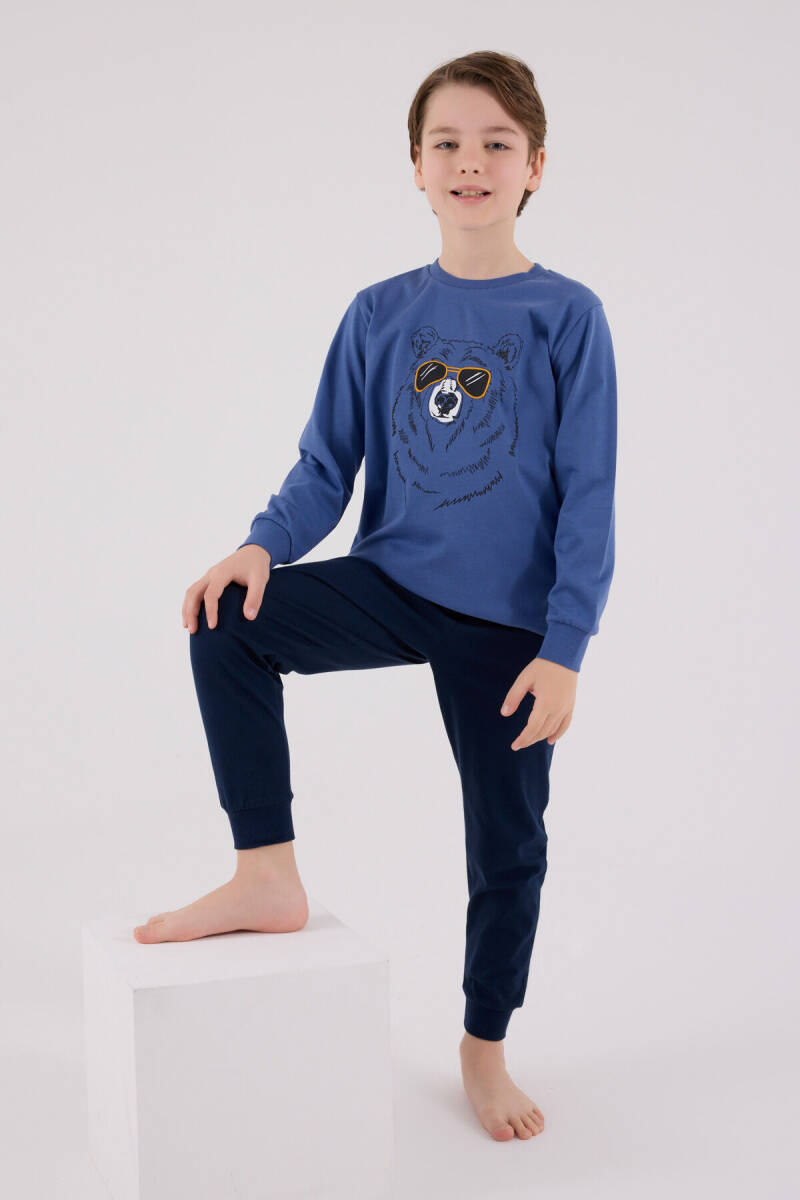 Rolypoly Erkek Çocuk Pamuklu Bisiklet Yaka Pigment Baskılı Kışlık Regular Fit Mavi Pijama Takımı RP3659-C-V1 - 3