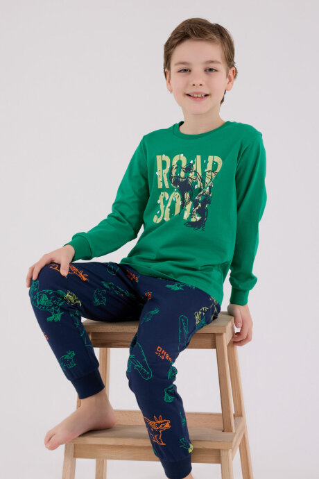 Rolypoly Erkek Çocuk Pamuklu Bisiklet Yaka Pigment Baskılı Kışlık Regular Fit Yeşil Pijama Takımı RP3672-C-V2 