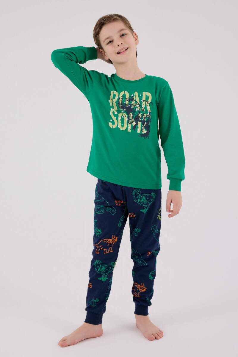 Rolypoly Erkek Çocuk Pamuklu Bisiklet Yaka Pigment Baskılı Kışlık Regular Fit Yeşil Pijama Takımı RP3672-C-V2 - 2