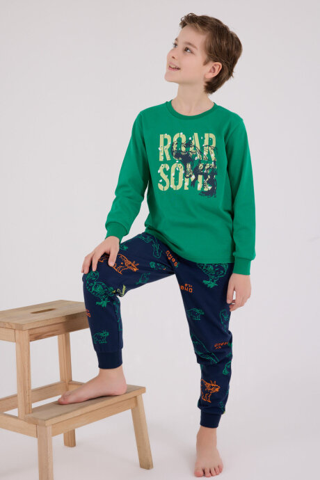 Rolypoly Erkek Çocuk Pamuklu Bisiklet Yaka Pigment Baskılı Kışlık Regular Fit Yeşil Pijama Takımı RP3672-C-V2 - 3