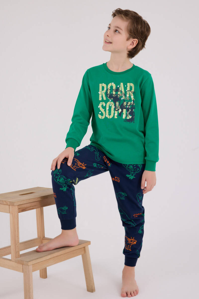 Rolypoly Erkek Çocuk Pamuklu Bisiklet Yaka Pigment Baskılı Kışlık Regular Fit Yeşil Pijama Takımı RP3672-C-V2 - 3