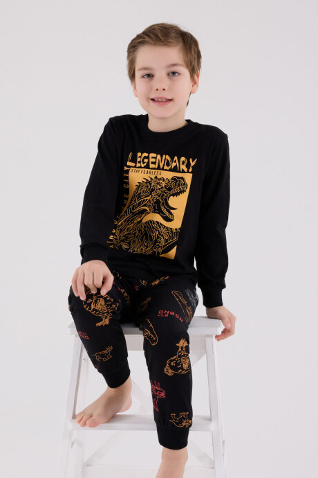 Rolypoly Erkek Çocuk Pamuklu Bisiklet Yaka Pigment Baskılı Kışlık Regular Fit Siyah Pijama Takımı RP3671-C-V1 - 2