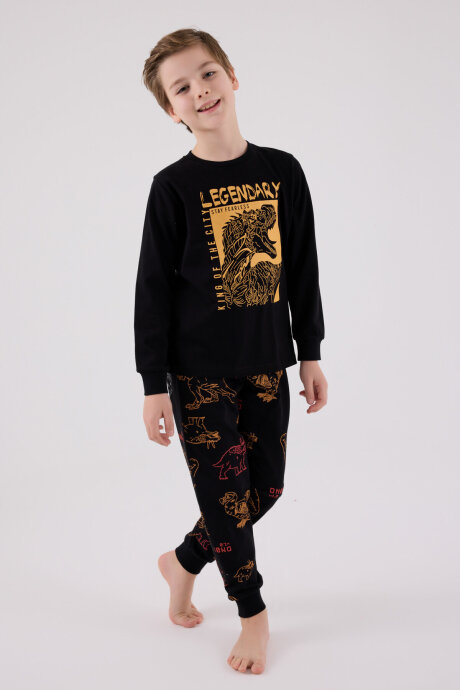 Rolypoly Erkek Çocuk Pamuklu Bisiklet Yaka Pigment Baskılı Kışlık Regular Fit Siyah Pijama Takımı RP3671-C-V1 - 3