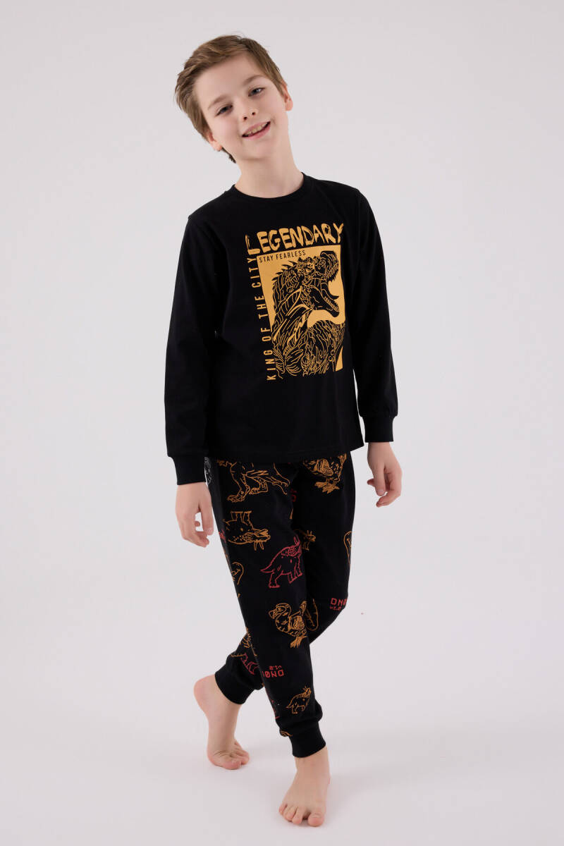 Rolypoly Erkek Çocuk Pamuklu Bisiklet Yaka Pigment Baskılı Kışlık Regular Fit Siyah Pijama Takımı RP3671-C-V1 - 3
