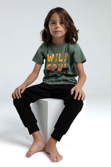 Rolypoly Erkek Çocuk Bisiklet Yaka Pigment Baskılı Yazlık Regular Fit Yeşil Pijama Takımı RP3556-C-V2 (1)
