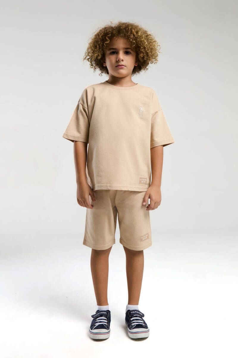 U.S. Polo Assn. Erkek Çocuk Pamuklu Bisiklet Yaka Pigment Baskılı Yazlık Regular Fit Krem Bermuda Takım US2035-C-V3 - 1