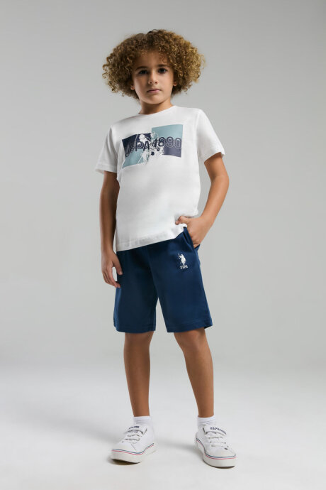 U.S. Polo Assn. Erkek Çocuk Pamuklu Bisiklet Yaka Pigment Baskılı Yazlık Regular Fit Beyaz Bermuda Takım US2012-C-V2