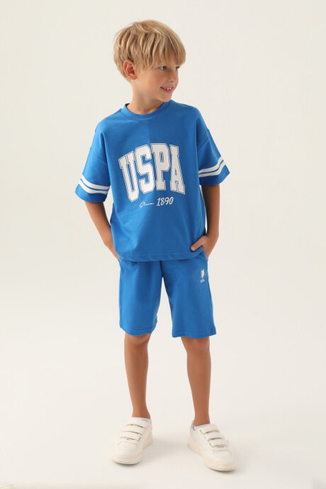 U.S. Polo Assn. Erkek Çocuk Pamuklu Bisiklet Yaka Pigment Baskılı Yazlık Regular Fit Mavi Bermuda Takım US1709-C-V1 