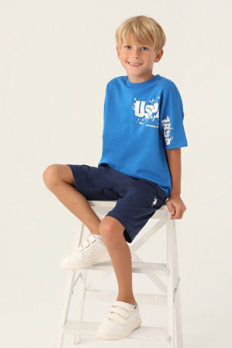 U.S. Polo Assn. Erkek Çocuk Pamuklu Bisiklet Yaka Pigment Baskılı Yazlık Regular Fit Mavi Bermuda Takım US1735-C-V2 - 2