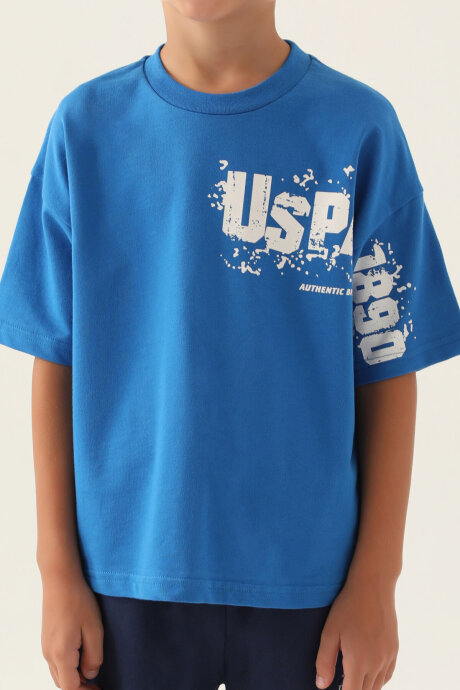 U.S. Polo Assn. Erkek Çocuk Pamuklu Bisiklet Yaka Pigment Baskılı Yazlık Regular Fit Mavi Bermuda Takım US1735-C-V2 - 4