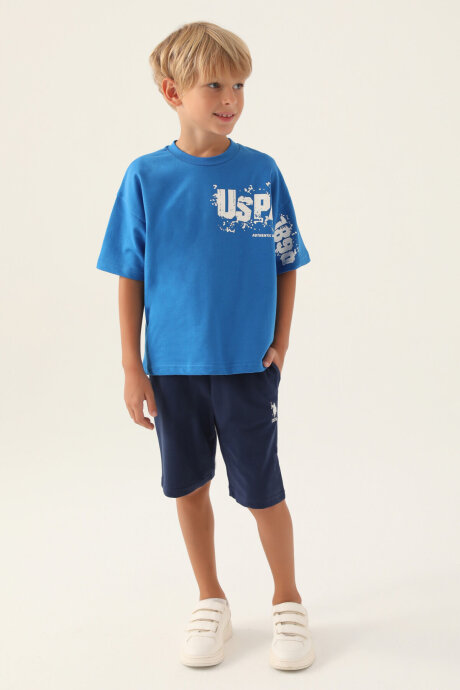 U.S. Polo Assn. Erkek Çocuk Pamuklu Bisiklet Yaka Pigment Baskılı Yazlık Regular Fit Mavi Bermuda Takım US1735-C-V2