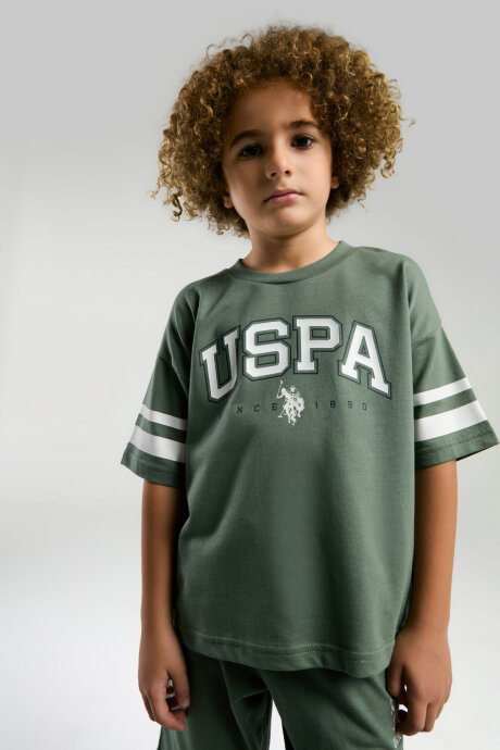U.S. Polo Assn. Erkek Çocuk Pamuklu Bisiklet Yaka Pigment Baskılı Yazlık Regular Fit Yeşil Bermuda Takım US2022-C-V3 