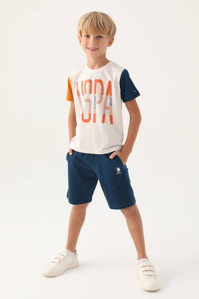 U.S. Polo Assn. Erkek Çocuk Pamuklu Bisiklet Yaka Pigment Baskılı Yazlık Regular Fit Krem Bermuda Takım US1715-C-V2 - 1