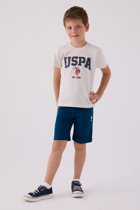 U.S. Polo Assn. Erkek Çocuk Pamuklu Bisiklet Yaka Pigment Baskılı Yazlık Regular Fit Krem Bermuda Takım US1368-C-V6 - 1