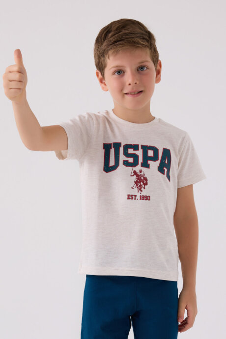 U.S. Polo Assn. Erkek Çocuk Pamuklu Bisiklet Yaka Pigment Baskılı Yazlık Regular Fit Krem Bermuda Takım US1368-C-V6 - 2