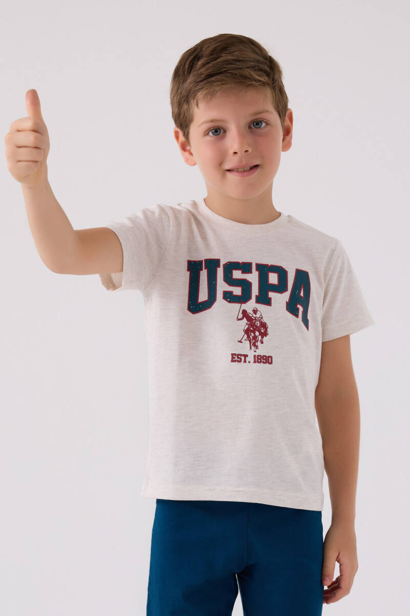 U.S. Polo Assn. Erkek Çocuk Pamuklu Bisiklet Yaka Pigment Baskılı Yazlık Regular Fit Krem Bermuda Takım US1368-C-V6 - 2