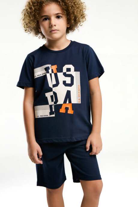 U.S. Polo Assn. Erkek Çocuk Pamuklu Bisiklet Yaka Pigment Baskılı Yazlık Regular Fit Lacivert Bermuda Takım US2052-C-V1 - 2