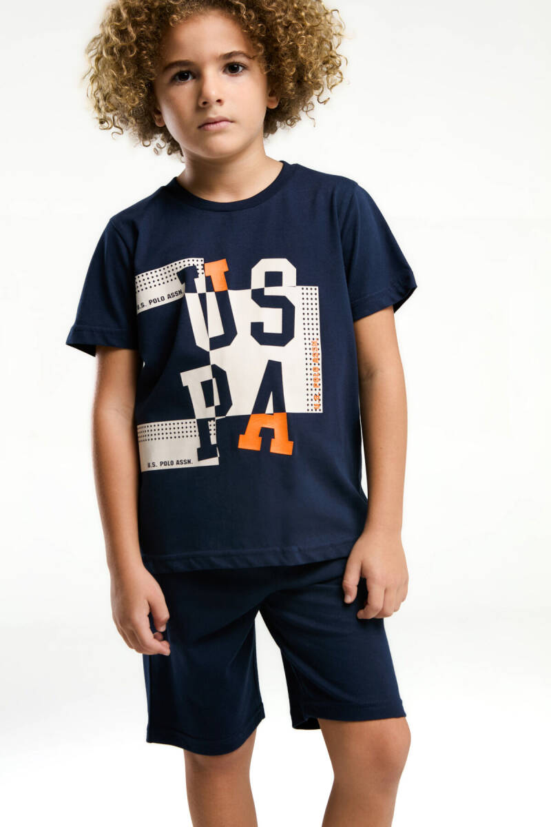 U.S. Polo Assn. Erkek Çocuk Pamuklu Bisiklet Yaka Pigment Baskılı Yazlık Regular Fit Lacivert Bermuda Takım US2052-C-V1 - 2