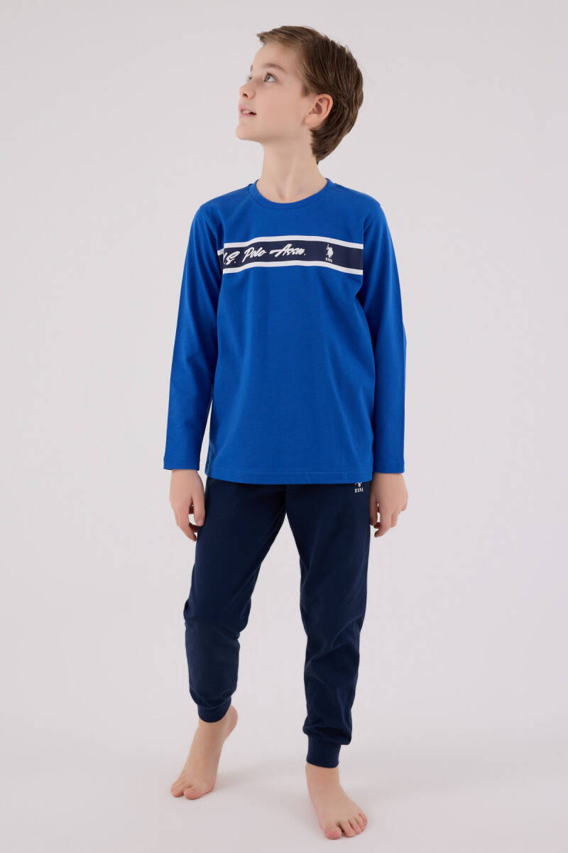 U.S. Polo Assn. Erkek Çocuk Pamuklu Bisiklet Yaka Pigment Baskılı Kışlık Regular Fit Mavi Pijama Takımı US2210-C-V2 - 3