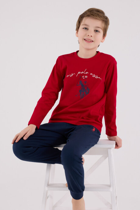 U.S. Polo Assn. Erkek Çocuk Pamuklu Bisiklet Yaka Pigment Baskılı Kışlık Regular Fit Kırmızı Pijama Takımı US2233-C-V2