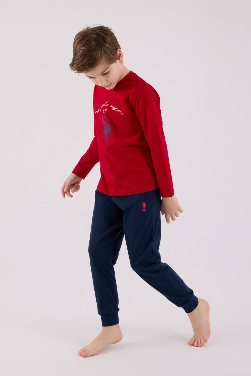 U.S. Polo Assn. Erkek Çocuk Pamuklu Bisiklet Yaka Pigment Baskılı Kışlık Regular Fit Kırmızı Pijama Takımı US2233-C-V2 - 3
