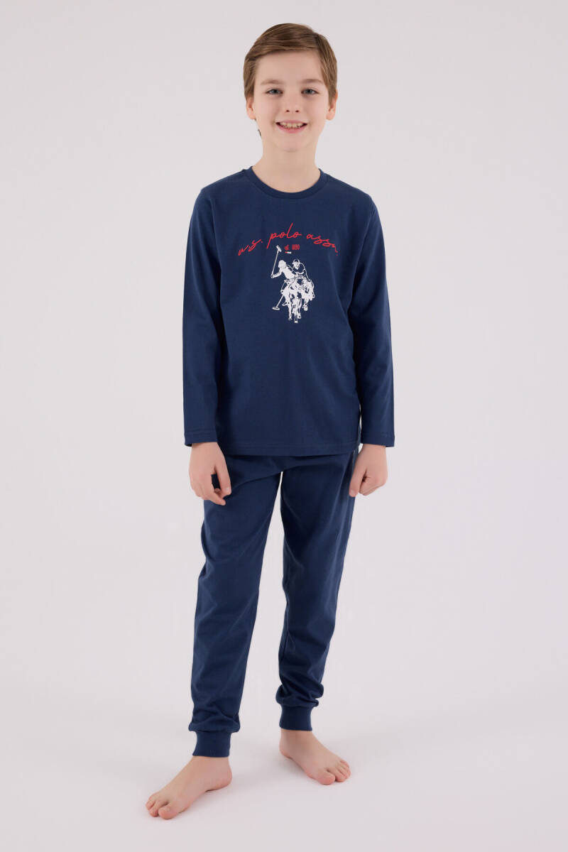 U.S. Polo Assn. Erkek Çocuk Pamuklu Bisiklet Yaka Pigment Baskılı Kışlık Regular Fit Mavi Pijama Takımı US2233-C-V1 - 2