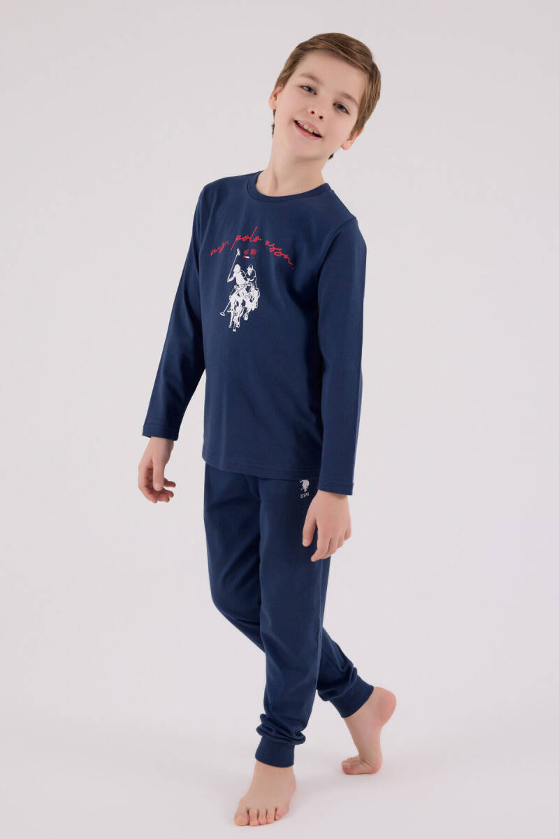 U.S. Polo Assn. Erkek Çocuk Pamuklu Bisiklet Yaka Pigment Baskılı Kışlık Regular Fit Mavi Pijama Takımı US2233-C-V1 - 3