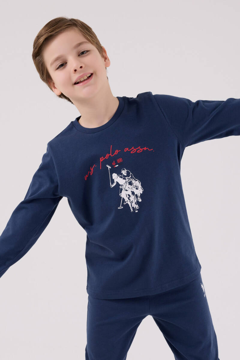 U.S. Polo Assn. Erkek Çocuk Pamuklu Bisiklet Yaka Pigment Baskılı Kışlık Regular Fit Mavi Pijama Takımı US2233-C-V1 - 4