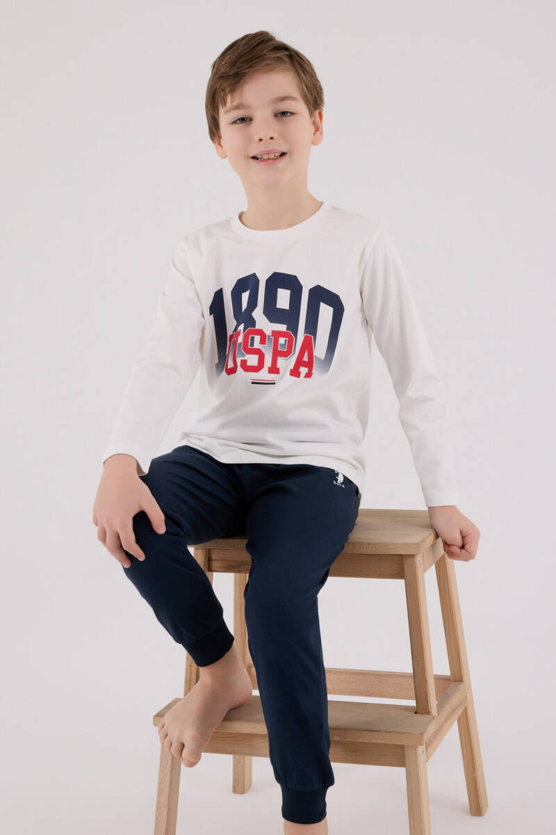 U.S. Polo Assn. Erkek Çocuk Pamuklu Bisiklet Yaka Pigment Baskılı Kışlık Regular Fit Beyaz Pijama Takımı US2203-C-V1 - 2