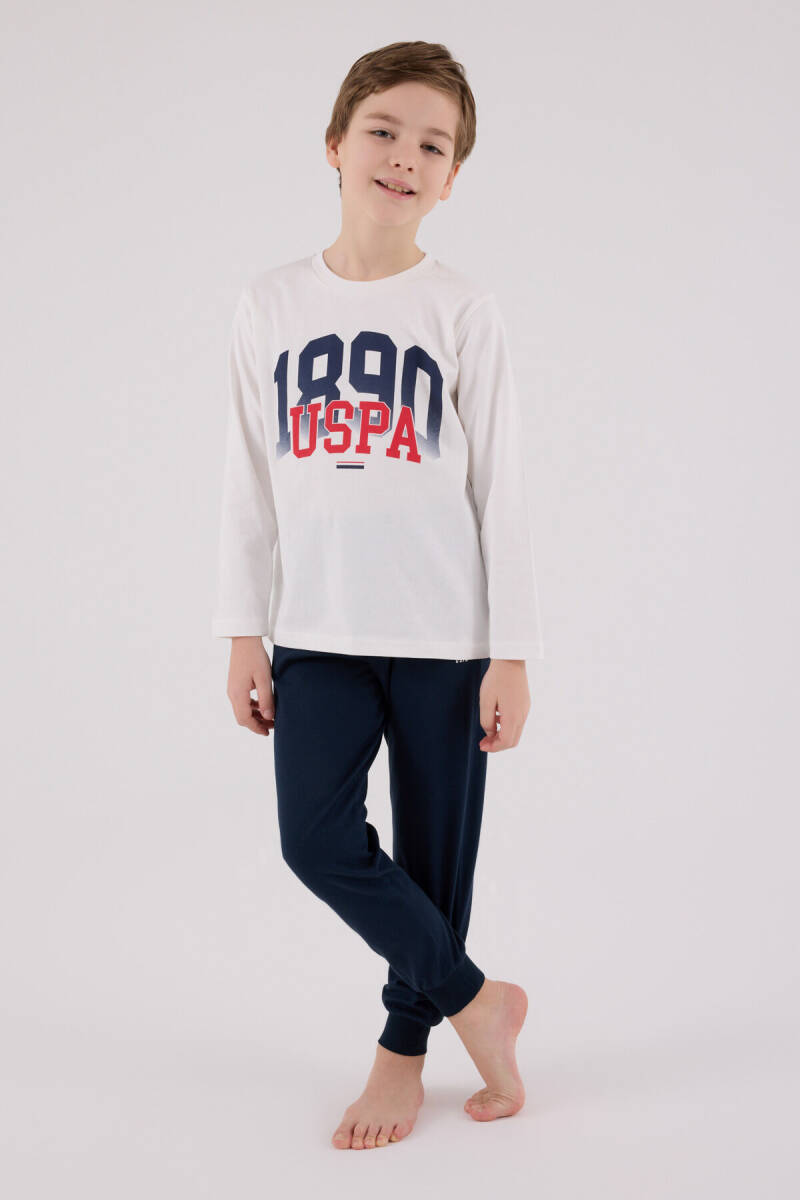 U.S. Polo Assn. Erkek Çocuk Pamuklu Bisiklet Yaka Pigment Baskılı Kışlık Regular Fit Beyaz Pijama Takımı US2203-C-V1 - 3