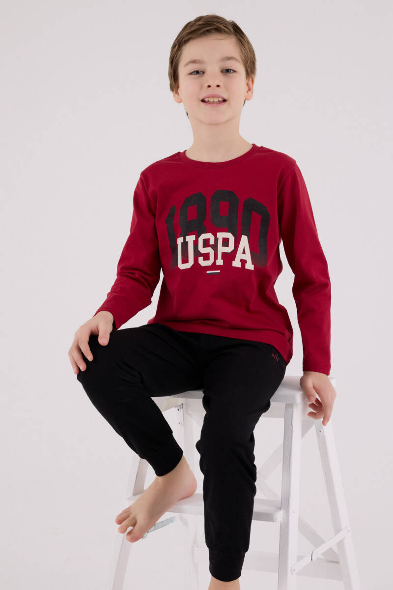 U.S. Polo Assn. Erkek Çocuk Pamuklu Bisiklet Yaka Pigment Baskılı Kışlık Regular Fit Bordo Pijama Takımı US2203-C-V2 - 2