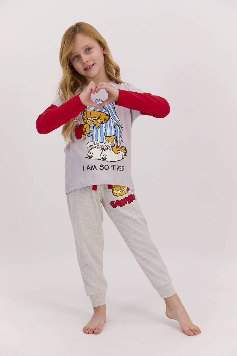 Garfield Lisanslı I'm So Tired Açık Gri Kız Çocuk Pijama Takımı