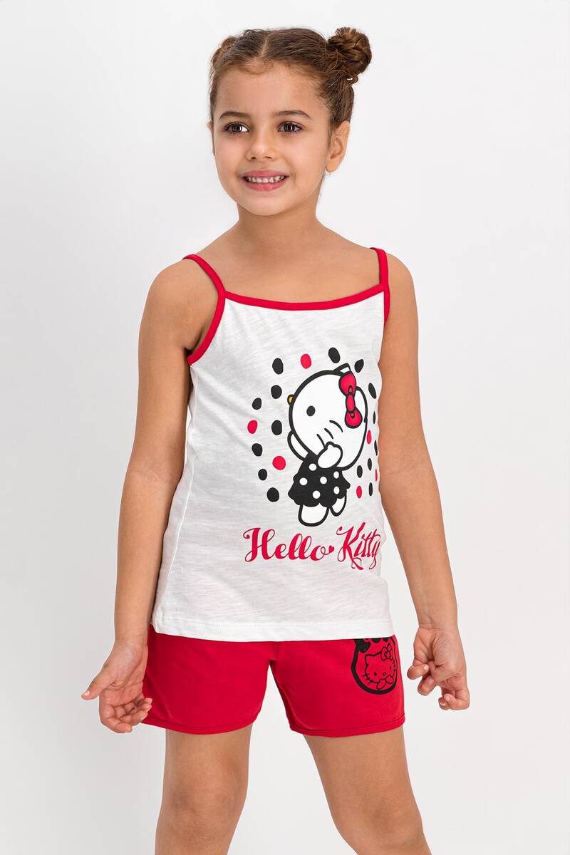 Hello Kitty Lisanslı Krem İnce Askılı Kız Çocuk Şort Takım