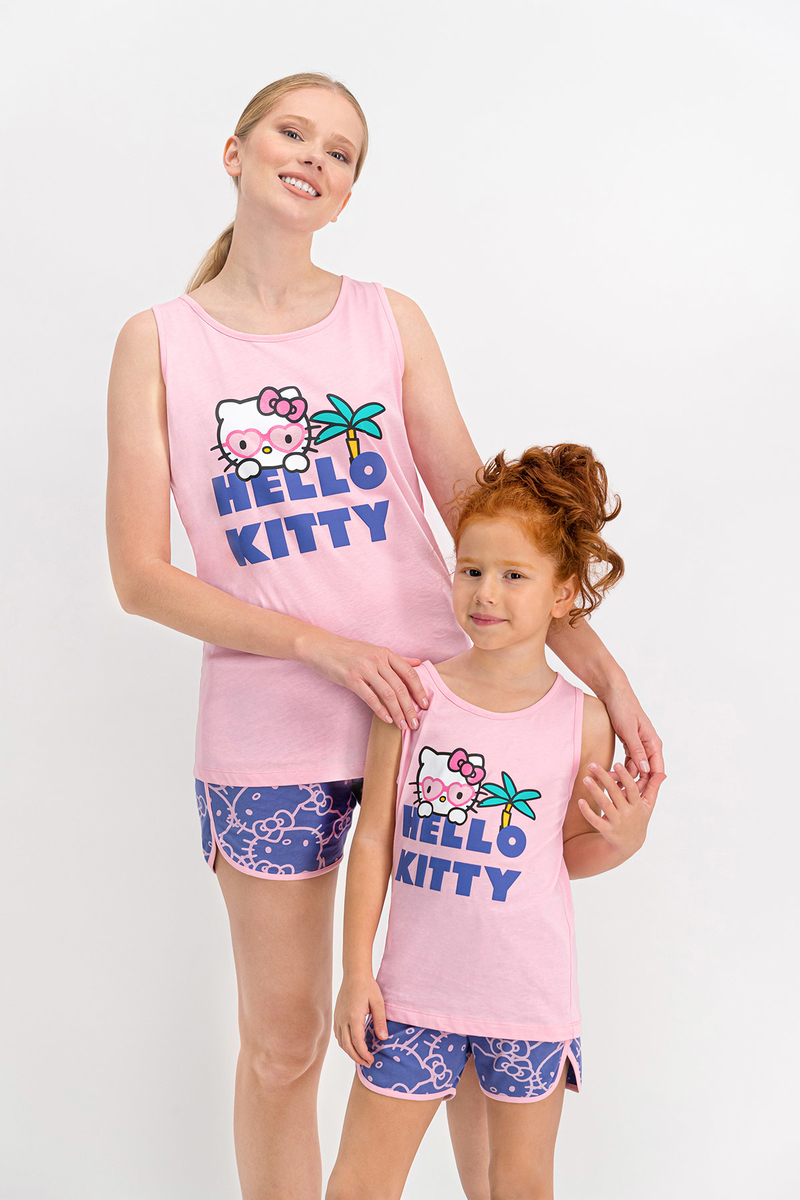 Hello Kitty - Hello Kitty Lisanslı Açık Pembe Kalın Askılı Kız Çocuk Şort Takım (1)