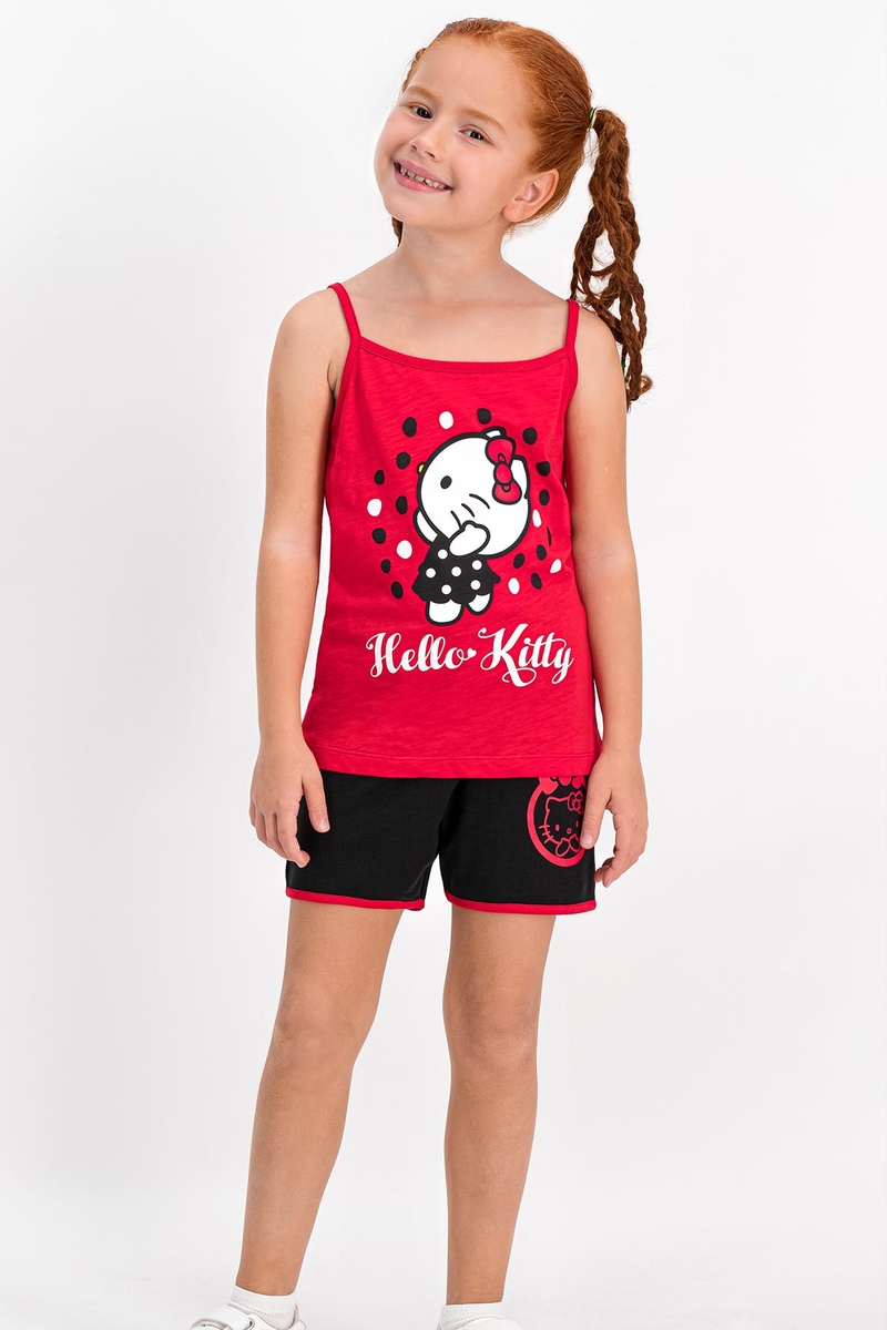 Hello Kitty - Hello Kitty Lisanslı Kırmızı İnce Askılı Kız Çocuk Şort Takım