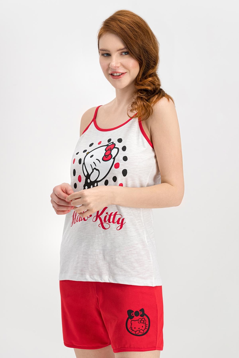 Hello Kitty Lisanslı Krem İnce Askılı Kadın Şort Takım