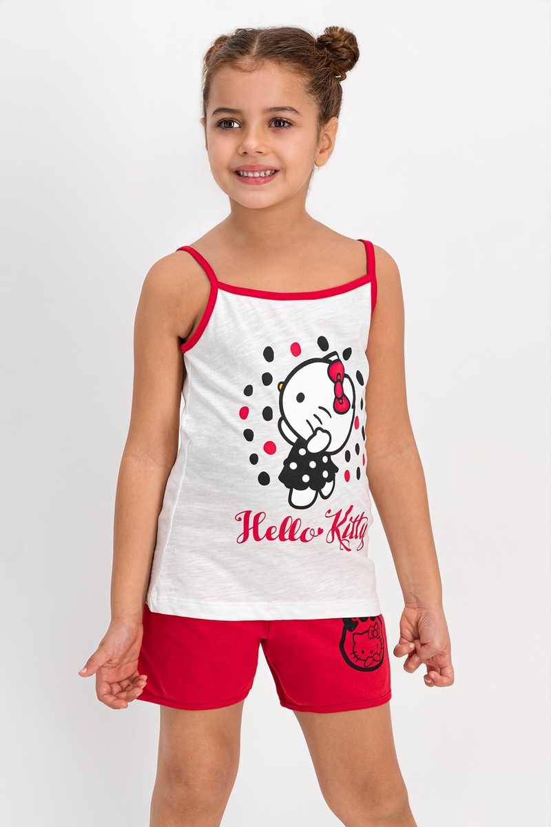 Hello Kitty - Hello Kitty Lisanslı Krem İnce Askılı Kız Çocuk Şort Takım