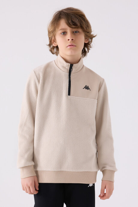 Kappa Erkek Çocuk Pamuklu Fermuarlı Yaka Baskısız Kışlık Regular Fit Krem Sweatshirt 361W1JW-C-V2
