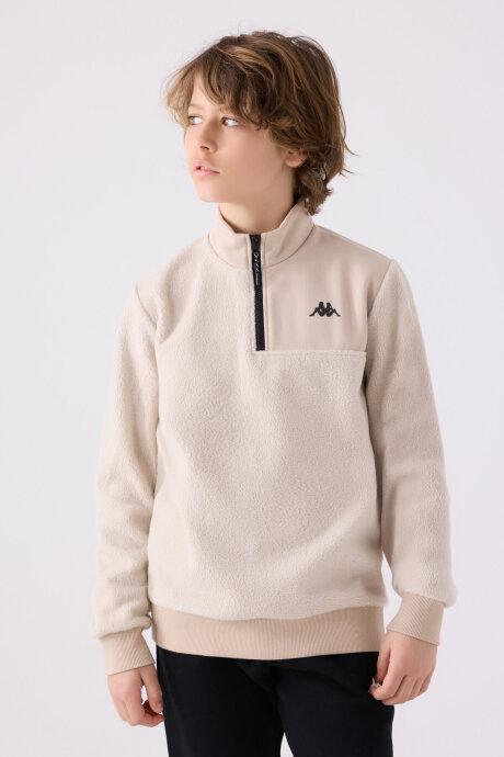 Kappa Erkek Çocuk Pamuklu Fermuarlı Yaka Baskısız Kışlık Regular Fit Krem Sweatshirt 361W1JW-C-V2 (1)
