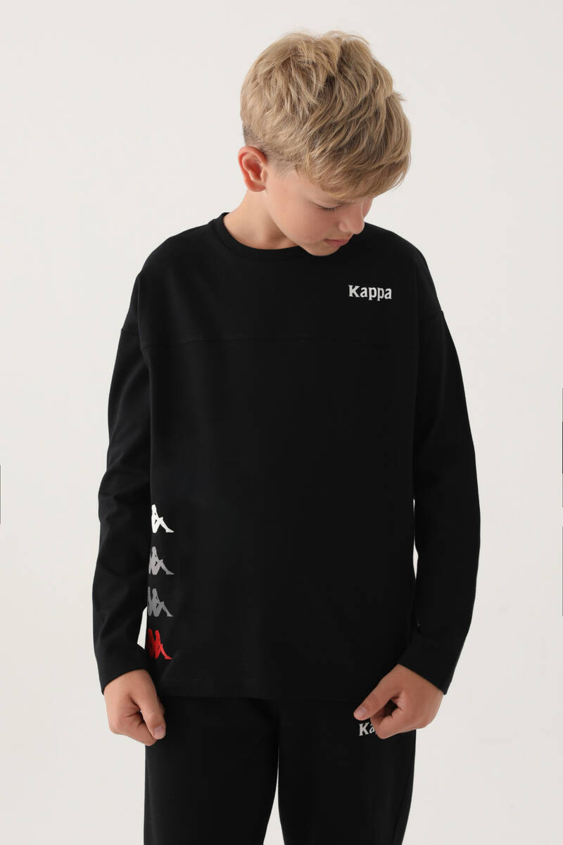 Kappa Siyah Bisiklet Yaka Kappa Logo Baskılı Erkek Çocuk Sweatshirt