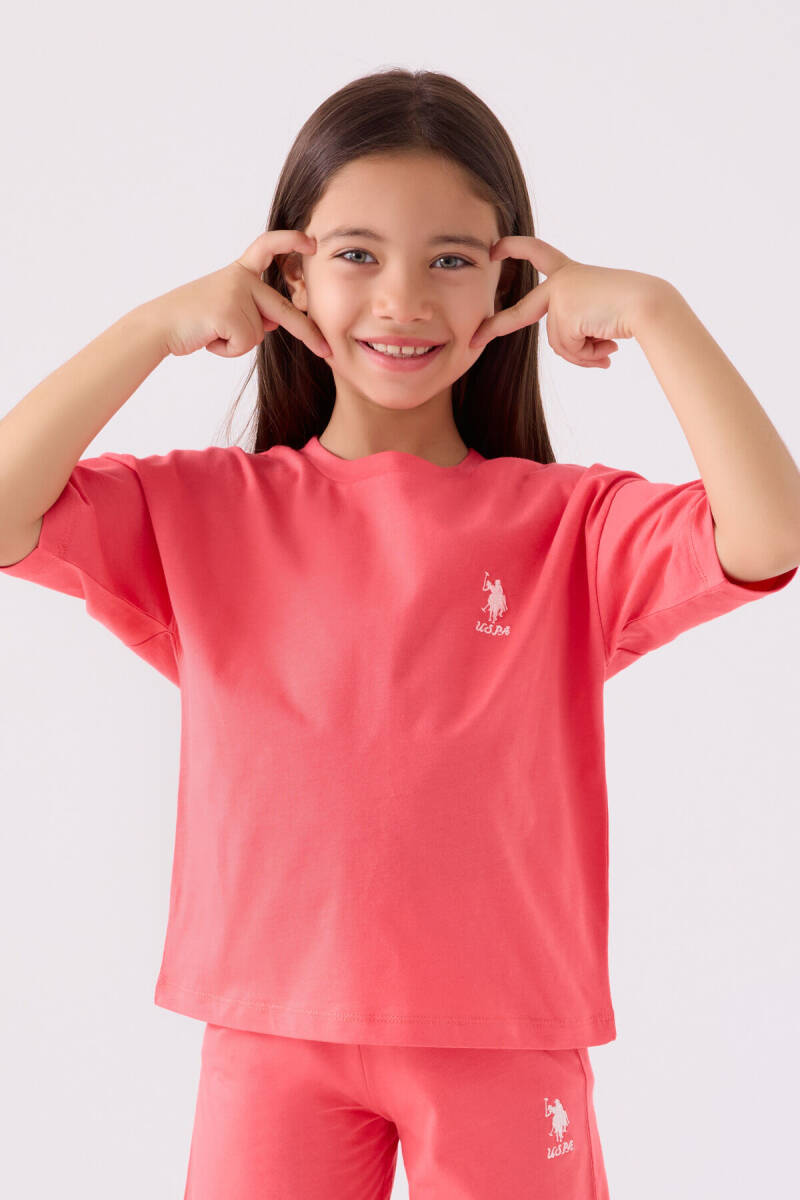 U.S. Polo Assn. Kız Çocuk Pamuklu Bisiklet Yaka Sargı Nakışlı Yazlık Regular Fit Pembe Bermuda Takım US1848-C-V23 - 2