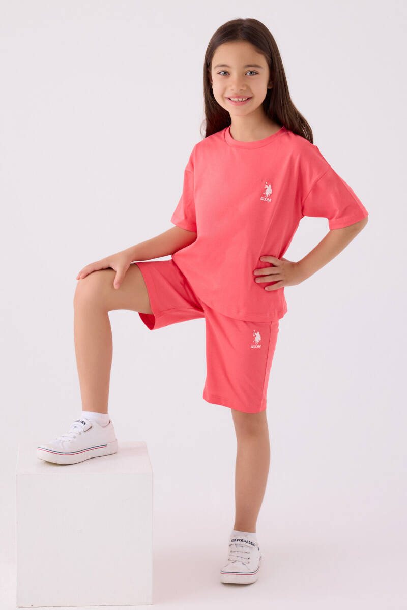 U.S. Polo Assn. Kız Çocuk Pamuklu Bisiklet Yaka Sargı Nakışlı Yazlık Regular Fit Pembe Bermuda Takım US1848-C-V23 - 3