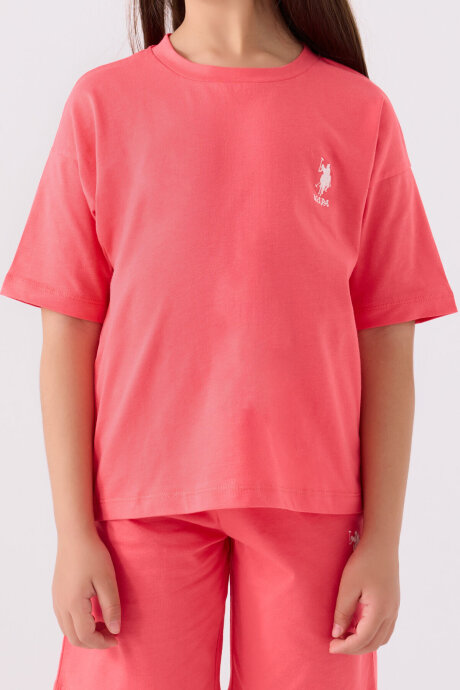 U.S. Polo Assn. Kız Çocuk Pamuklu Bisiklet Yaka Sargı Nakışlı Yazlık Regular Fit Pembe Bermuda Takım US1848-C-V23 - 4