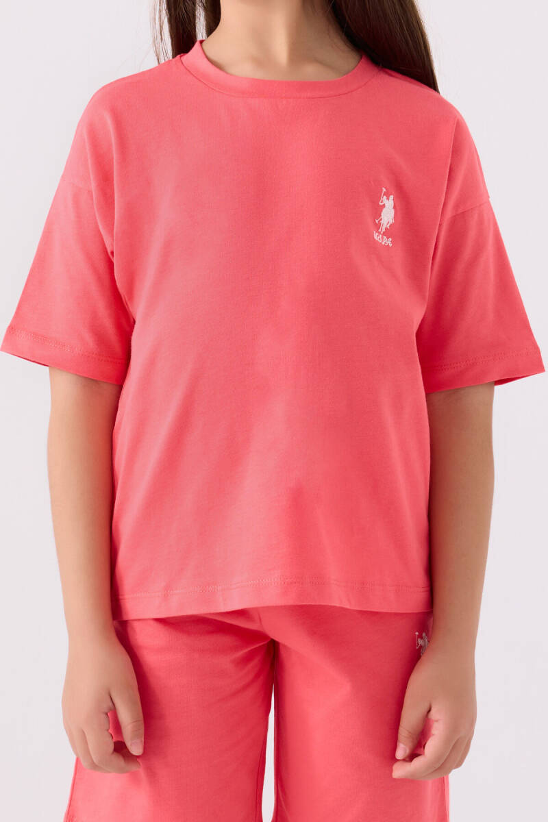 U.S. Polo Assn. Kız Çocuk Pamuklu Bisiklet Yaka Sargı Nakışlı Yazlık Regular Fit Pembe Bermuda Takım US1848-C-V23 - 4