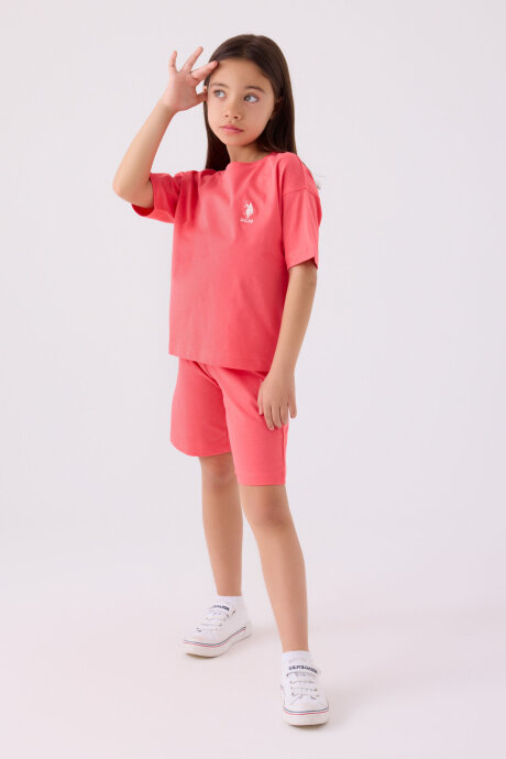 U.S. Polo Assn. Kız Çocuk Bisiklet Yaka Sargı Nakışlı Yazlık Regular Fit Pembe Bermuda Takım US1848-C-V23 