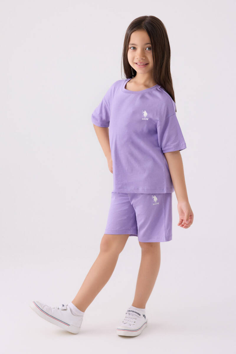 U.S. Polo Assn. Kız Çocuk Pamuklu Bisiklet Yaka Sargı Nakışlı Yazlık Regular Fit Mor Bermuda Takım US1848-C-V62 - 1